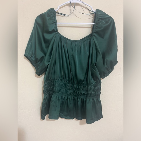 Dark Green Silk Puff Sleeve Peplum Blouse - Picture 2 of 3